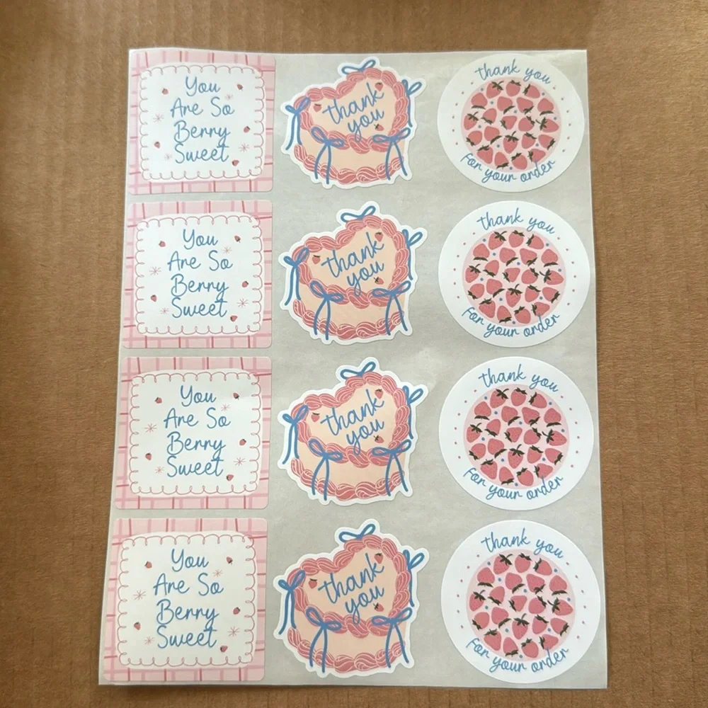 NEW {12 piece} Beautiful girly cake strawberry aesthetic thank you stickers. 2”